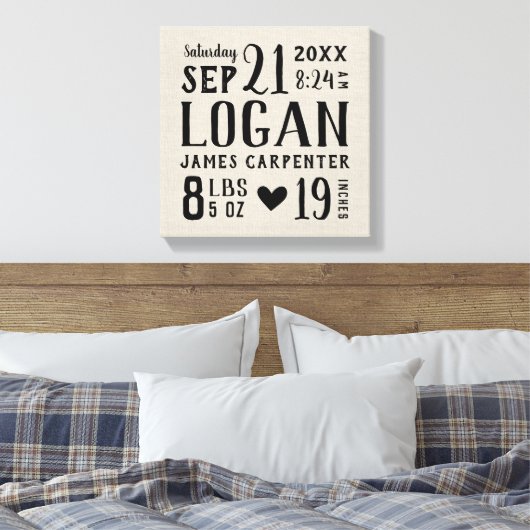 Modern Rustic Baby Birth Stats Nursery Art Canvas Afdruk (Insitu (Slaapkamer))