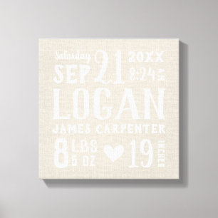 Modern Rustic Baby Birth Stats Nursery Art Canvas Afdruk