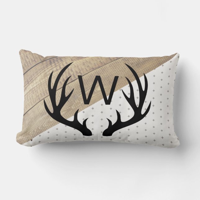 Modern Rustic Black Antlers & Wood Pattern Kussen (Voorkant)