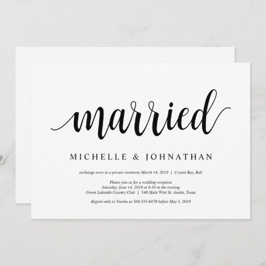 Modern Rustic, Black script, Wedding Elopement Kaart (Voorkant / Achterkant)