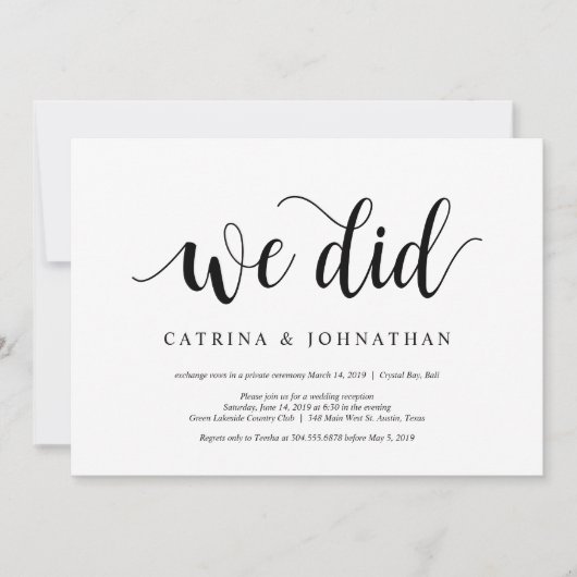 Modern Rustic, Black script, Wedding Elopement Kaart (Voorkant)