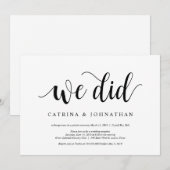 Modern Rustic, Black script, Wedding Elopement Kaart (Voorkant / Achterkant)