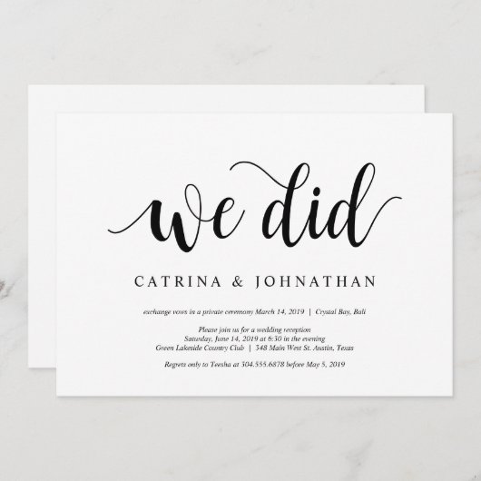 Modern Rustic, Black script, Wedding Elopement Kaart (Voorkant / Achterkant)