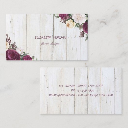 Modern Rustic Burgundy Floral Wood Texture Visitekaartje (Voorkant / Achterkant)