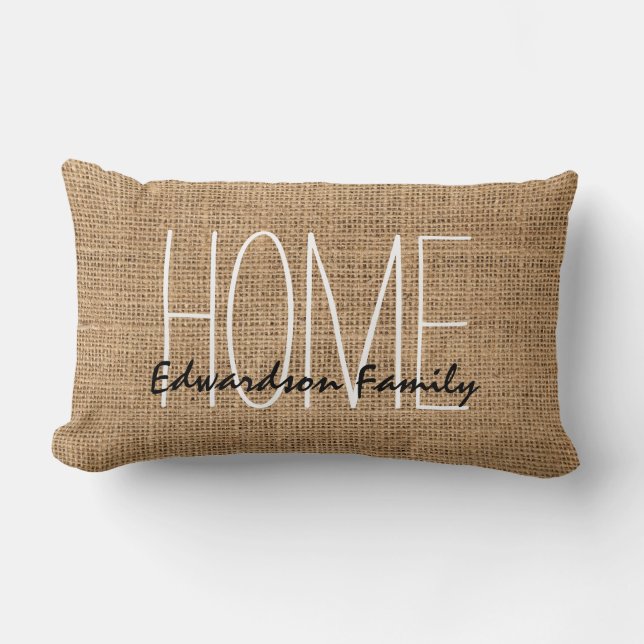 Modern rustic burlap Home familienaam script Kussen (Voorkant)
