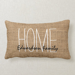 Modern rustic burlap Home familienaam script Kussen