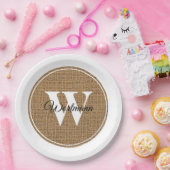 Modern Rustic Burlap White Monogram Papieren Bordje (Feest)