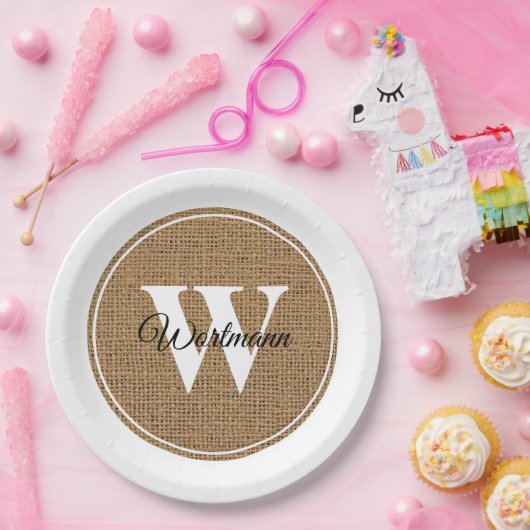 Modern Rustic Burlap White Monogram Papieren Bordje (Feest)