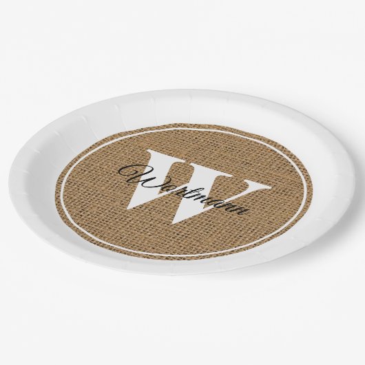 Modern Rustic Burlap White Monogram Papieren Bordje (Gekanteld)