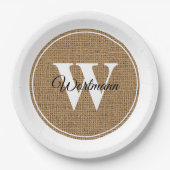 Modern Rustic Burlap White Monogram Papieren Bordje (Voorkant)