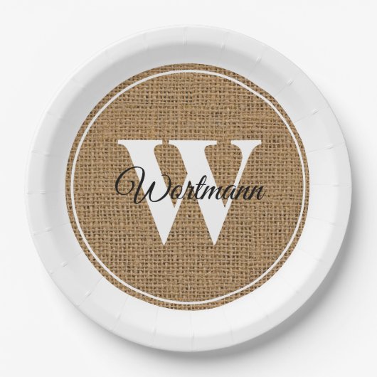 Modern Rustic Burlap White Monogram Papieren Bordje (Voorkant)