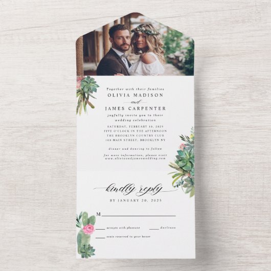 Modern Rustic Cactus Succulent Photo Boho Wedding All In One Uitnodiging (Binnen)