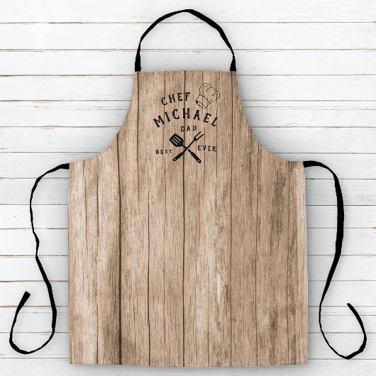 Modern Rustic Chef BEST DAD EVER Custom Wood Adult Schort