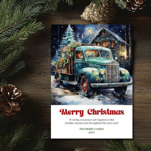 Modern rustic Christmas scene watercolor red truck Feestdagenkaart