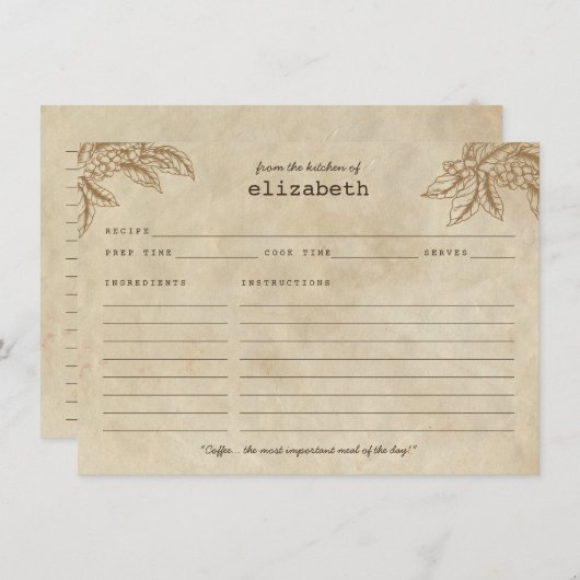 Modern Rustic Coffee Plant Bonen Quote Recept Kaar Informatiekaartje (Voorkant / Achterkant)