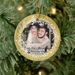 Modern rustic couple photo our 1st Christmas Keramisch Ornament