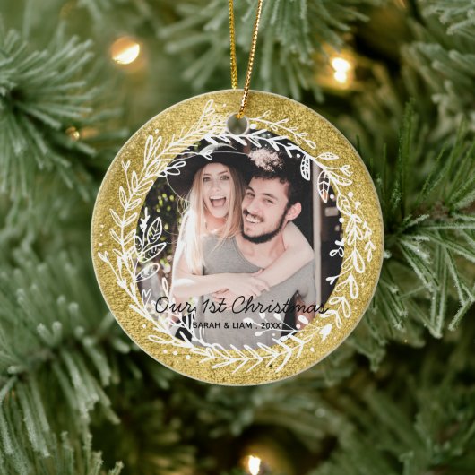 Modern rustic couple photo our 1st Christmas Keramisch Ornament (Boom)