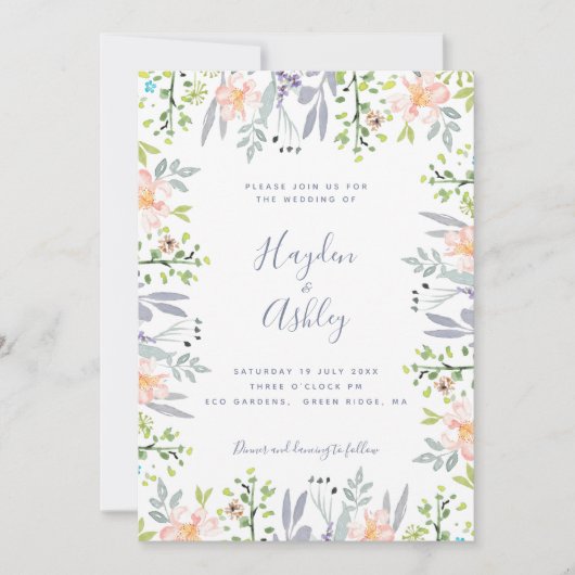 Modern Rustic Droy Floral Waterverf Wedding Kaart (Voorkant)
