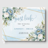 Modern Rustic Dusty Blue White Gold Floral Wedding Gastenboek (Voorkant)