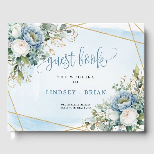 Modern Rustic Dusty Blue White Gold Floral Wedding Gastenboek (Voorkant)