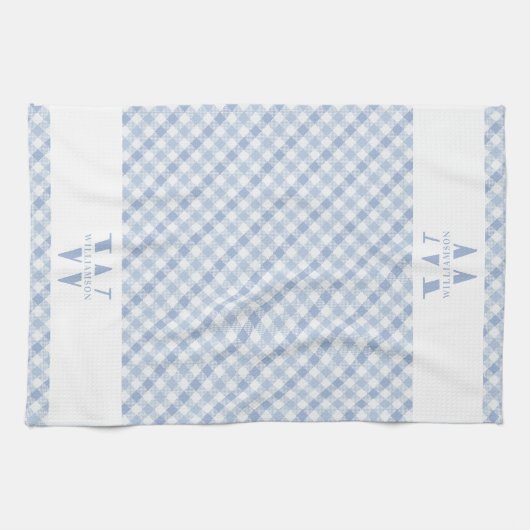 Modern Rustic Family Monogram Blue Gingham Pset Theedoek (Horizontaal)