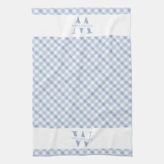 Modern Rustic Family Monogram Blue Gingham Pset Theedoek (Verticaal)