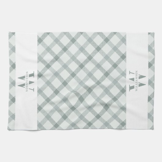 Modern Rustic Family Monogram Green Gingham Pset Theedoek (Horizontaal)