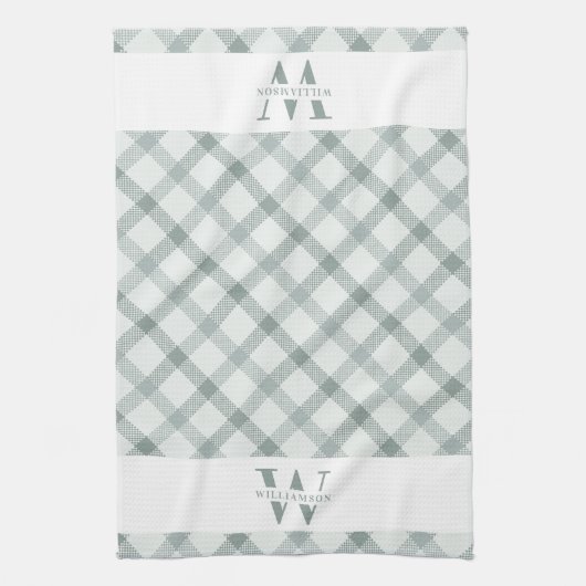 Modern Rustic Family Monogram Green Gingham Pset Theedoek (Verticaal)
