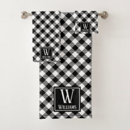 Modern Rustic Farmhouse Black White Pset Monogram Bad Handdoek