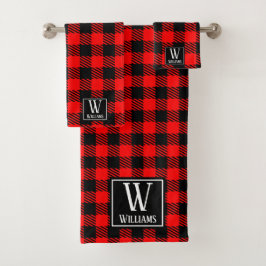 Modern Rustic Farmhouse Red Buffalo Pset Monogram Bad Handdoek