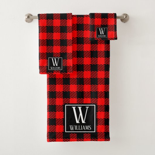 Modern Rustic Farmhouse Red Buffalo Pset Monogram Bad Handdoek (Insitu)