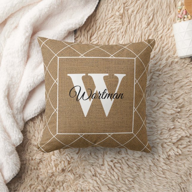 Modern Rustic Faux Burlap White Monogram Kussen (Deken)