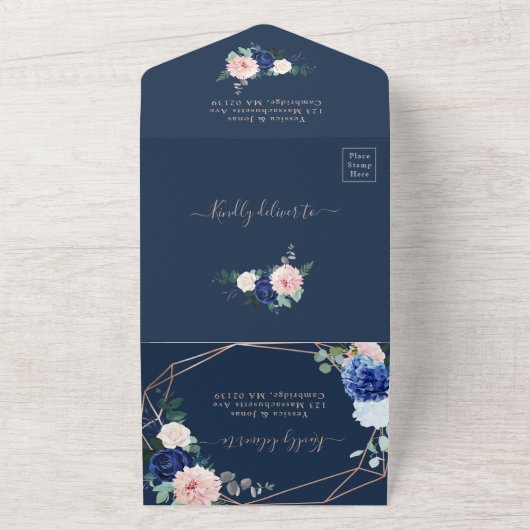 Modern Rustic Geometric Navy Blue Wedding Invitati All In One Uitnodiging (Buitenkant)