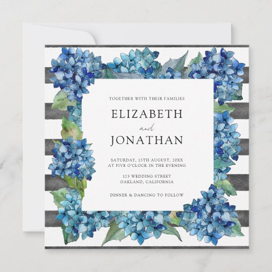 Modern Rustic Gray Blue Hydrangeas Striped Wedding Kaart (Voorkant)