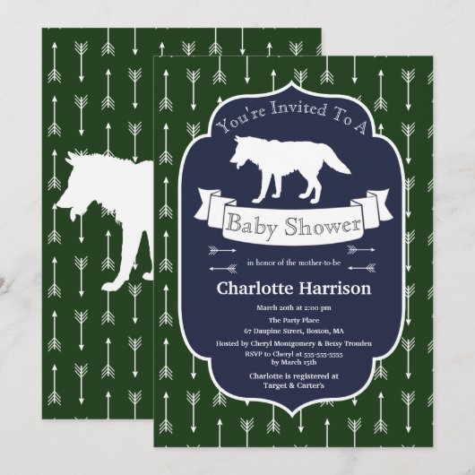 Modern Rustic Green & Blue Wolf Arrows Baby shower Kaart (Voorkant / Achterkant)