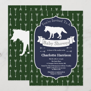 Modern Rustic Green & Blue Wolf Arrows Baby shower Kaart