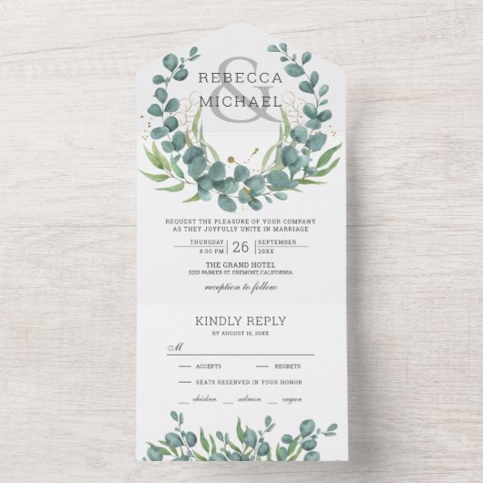 Modern Rustic Greenery Eucalyptus Wreath Wedding All In One Uitnodiging (Binnen)
