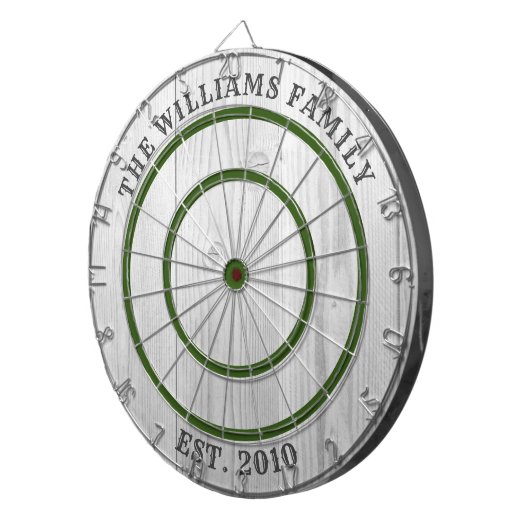 Modern Rustic Grey Barn Wood Familienaam Dart Boar Dartbord (Voorkant Rechts)