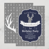 Modern Rustic Grey & Navy Deer & Arrow Birthday Kaart (Voorkant / Achterkant)
