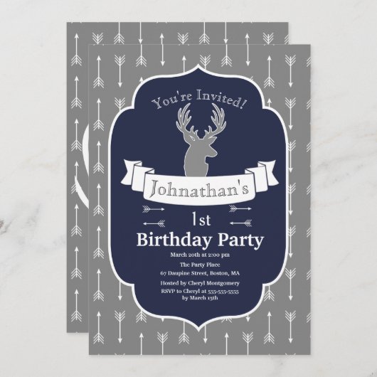 Modern Rustic Grey & Navy Deer & Arrow Birthday Kaart (Voorkant / Achterkant)