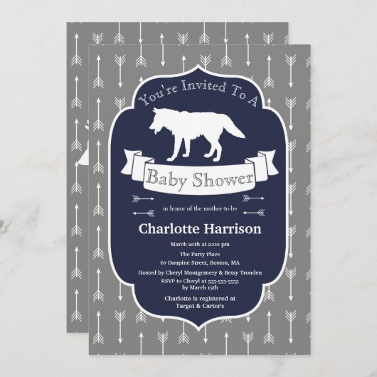 Modern Rustic Grey & White Wolf Arrows Baby shower Kaart (Voorkant / Achterkant)