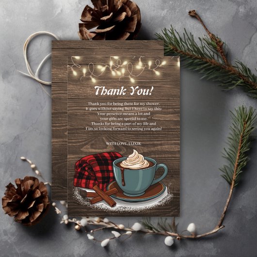 Modern Rustic Hot Cocoa Cozy Baby shower Bedankkaart