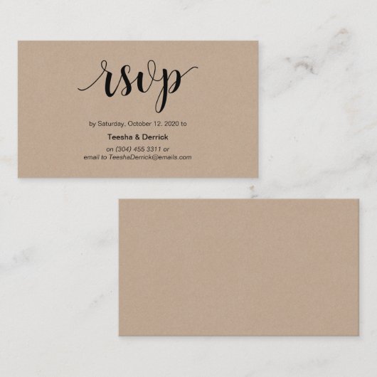 Modern Rustic, Kraft, Black Script, Wedding RSVP Informatiekaartje (Voorkant / Achterkant)