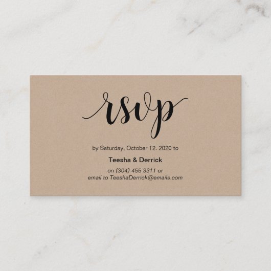 Modern Rustic, Kraft, Black Script, Wedding RSVP Informatiekaartje (Voorkant)