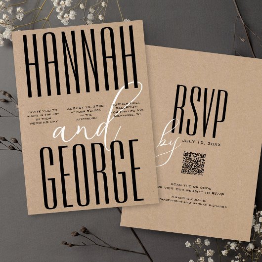 Modern Rustic Kraft Black & White QR Code Wedding Kaart