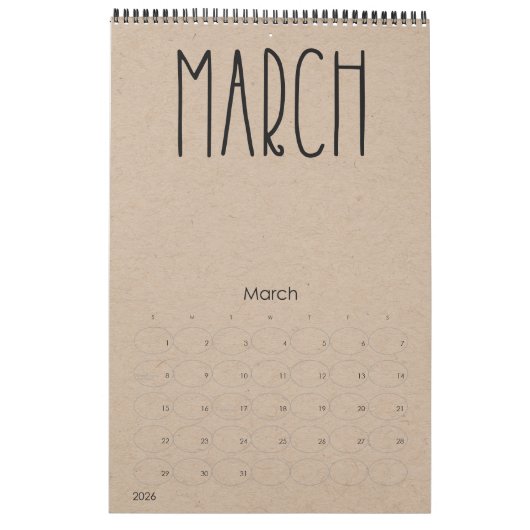 Modern Rustic Kraft met zwarte agenda Kalender (Mar 2026)
