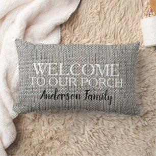 Modern rustic linen Welkom bij Porch familienaam Kussen