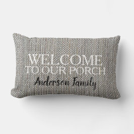Modern rustic linen Welkom bij Porch familienaam Kussen
