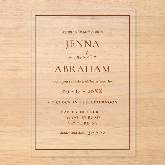 Modern Rustic Minimal Elegant  Acryl Uitnodigingen (Voorkant)