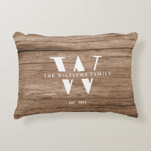 Modern Rustic Monogram Familienaam  Hout Accent Kussen